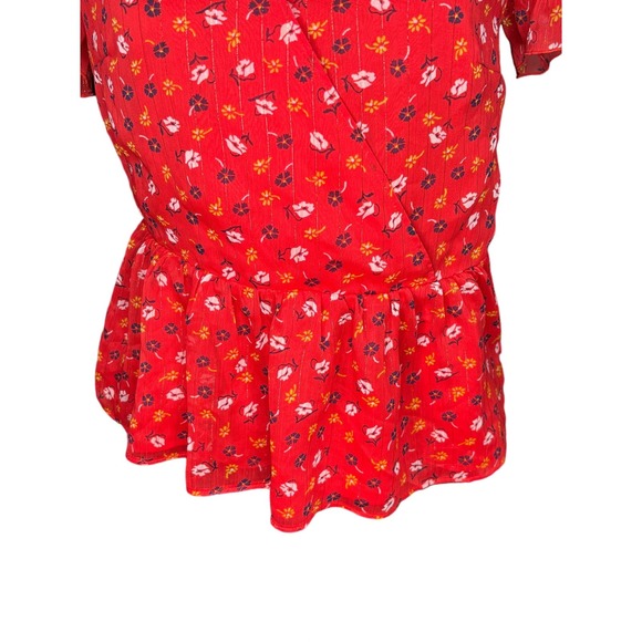 Madewell Tiered-Sleeve Peplum Top In Metallic Prairie Posies Red Floral Print 0 - Picture 7 of 9